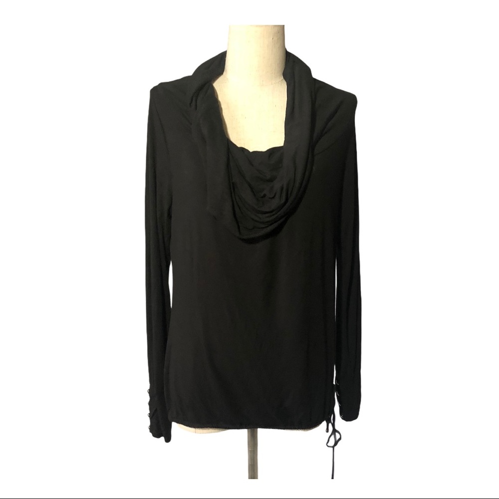 Cache S black cowl neck top with drawstring waist